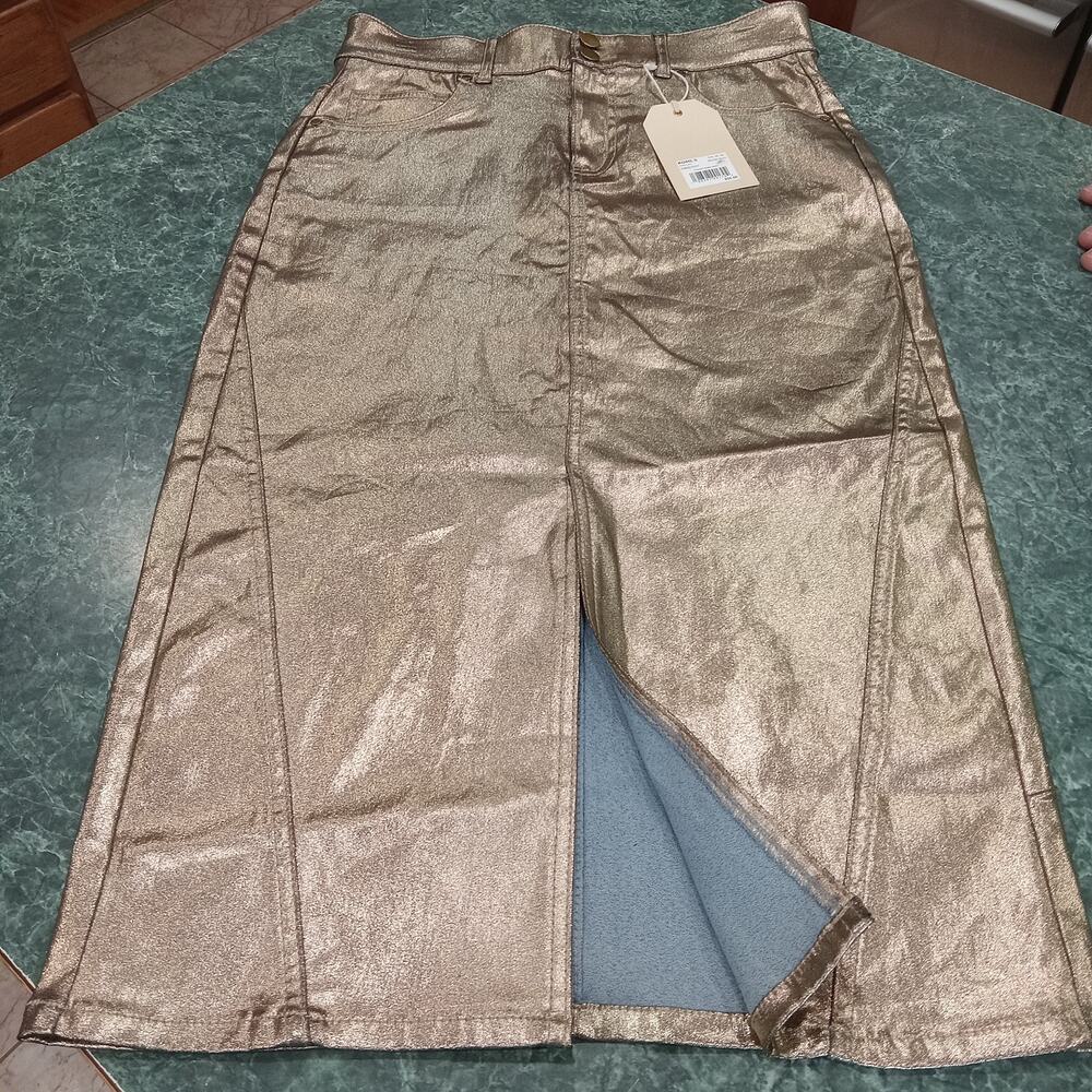 Farmers Market Size Small Women's Midi Foil Metallic Gold Pencil Skirt NWT